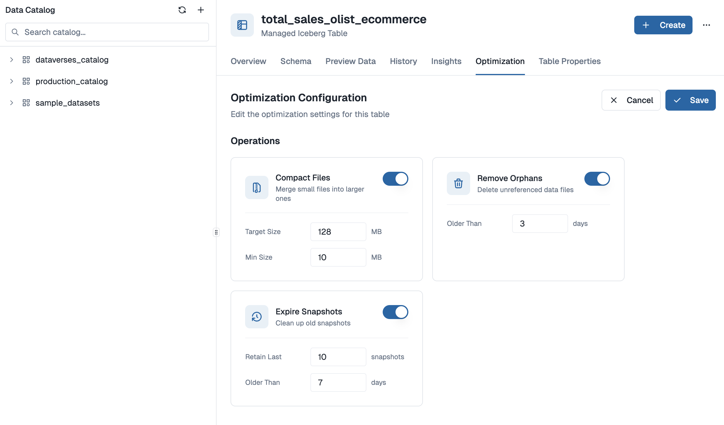 Dataverses Iceberg Optimization Configuration